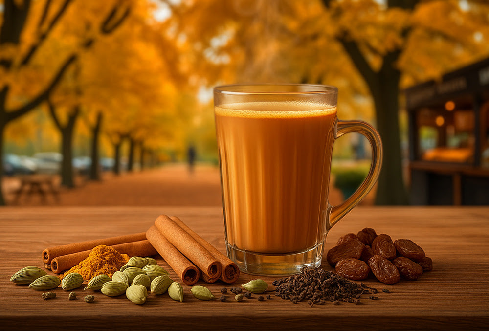 Glass of chai tea placed on a wooden table with spices like cinnamon, cardamom, turmeric, cloves, and raisins, set against a warm autumn background.