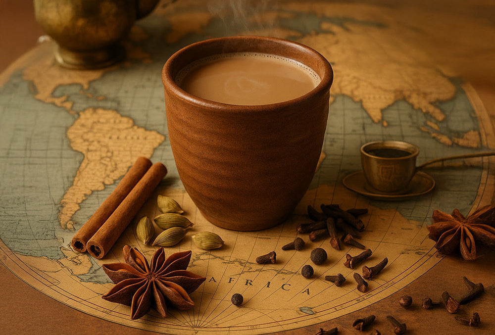 Warm cup of chai placed on a vintage world map, surrounded by spices like cinnamon, cardamom, cloves, and star anise, symbolizing chai’s global love.