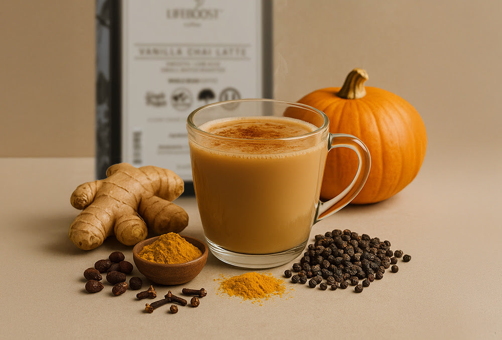 Cup of chai latte surrounded by traditional spices including ginger, turmeric, cloves, black pepper, and coffee beans, with a pumpkin in the background.