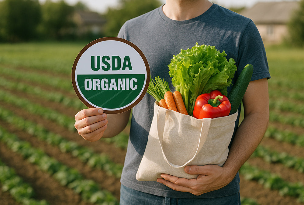 A person stands in a field holding a reusable bag filled with organic vegetables and a sign that reads "USDA Organic."