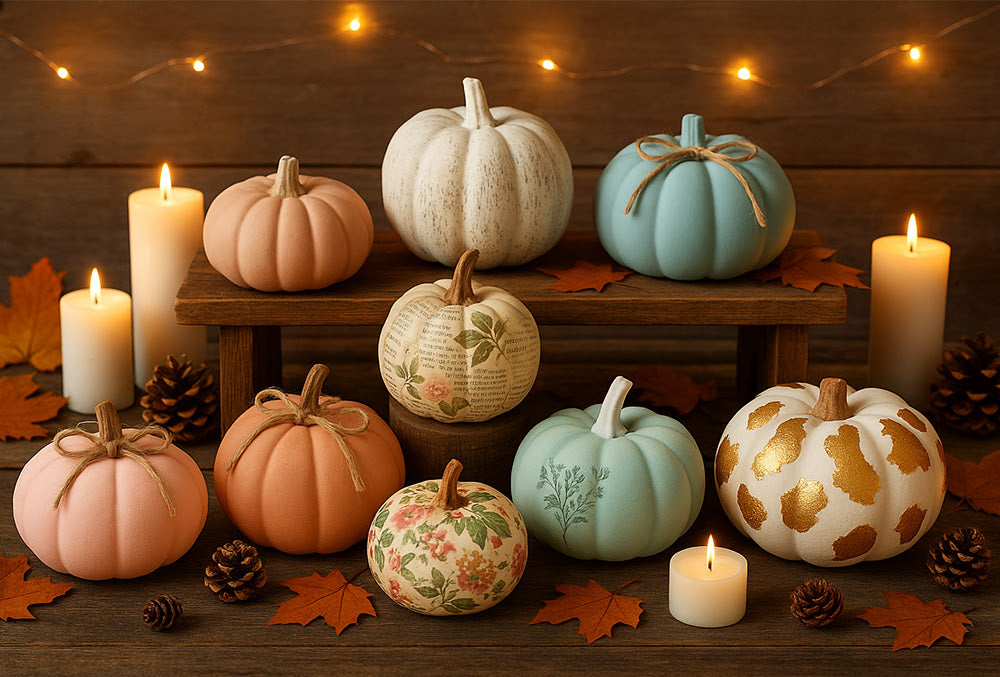 Decorative pumpkins in pastel shades and floral patterns are arranged on a rustic wooden table with candles, pinecones, autumn leaves, and string lights for a cozy fall display.