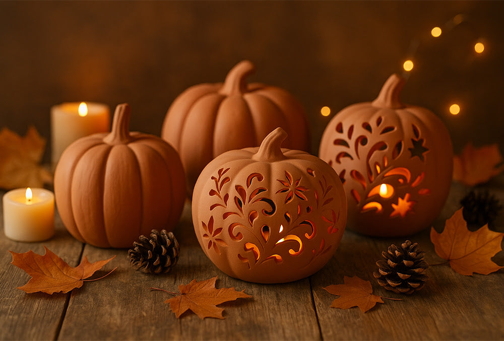 Terra cotta pumpkins, some carved with floral and star patterns glowing with candlelight inside, are displayed on a rustic wooden surface with pinecones, autumn leaves, and soft candlelight for a warm fall ambiance.